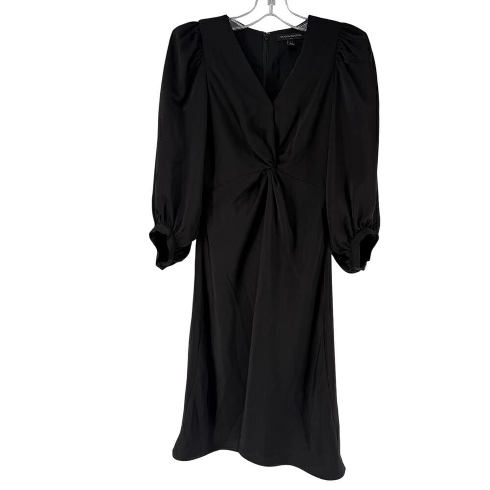 Bananna Republic Dress Black Satin 00 Petite Dramatic 3/4 Length Balloon Sleeve